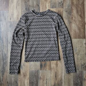 Zara】Patterned Long-Sleeve Knit T-shirt, Geometric Design, Brown Color, Size S